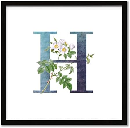 White Flower Dark Green Ink Initial H Wood Framed Sign