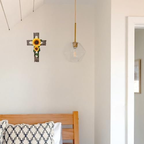 BestGiftEver Rustic Faux Wood Wall Cross with Sunflower Design
