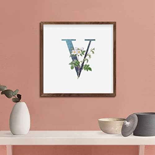Farmhouse Framed Wooden Sign with V Blue Green Monogram