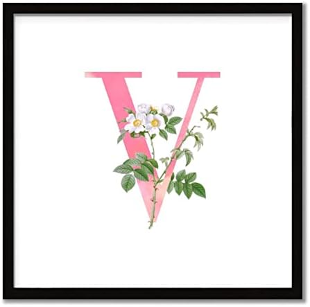 White Flower Pink Letter V Black Framed Wood Wall Sign