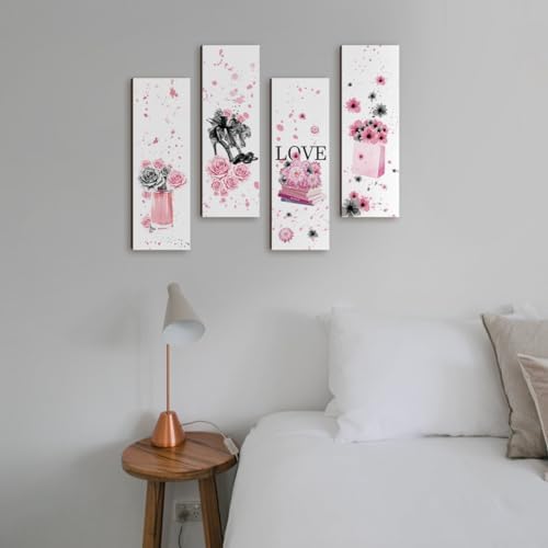 Nbeads 4 Pcs Pink Black Flower Wooden Wall Sign