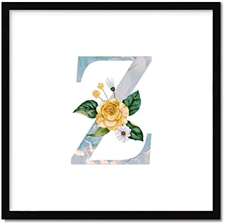 Marble Yellow Floral Monogram Initial Letter Z Framed Wood Sign 12x12 Inch