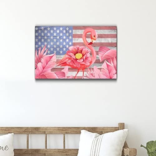 Pink Flamingo Flower 4th of July Wooden Sign