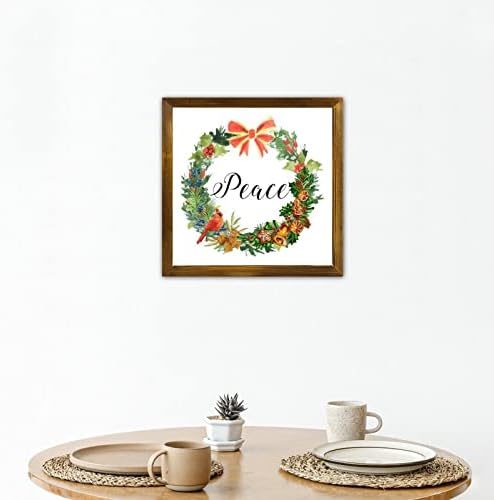 Wood Sign Peace Pine Nut Wreath Framed Wall Art 12x12in
