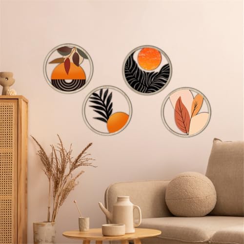 Boho Wall Art Decor 4PCS Round Wooden Sculptures Orange