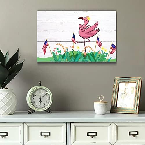 Pink Flamingo Fourth of July Wooden Decor 12x16in