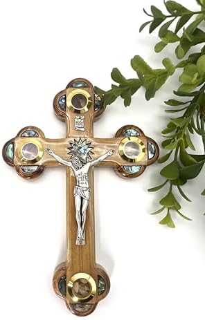 9 Inch Handmade Olive Wood Wall Cross with Relics