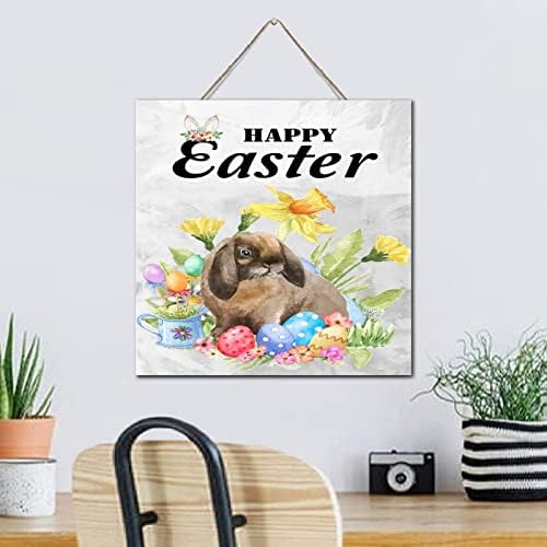 Autravelco Rustic Wood Easter Bunny Sign 12x12 Inch