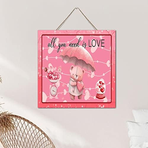Valentines Bear Heart Wall Art Decor Sign 12x12 Inch