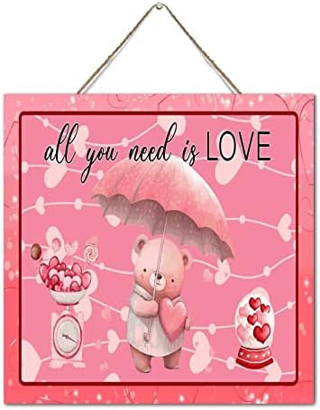 Valentines Bear Heart Wall Art Decor Sign 12x12 Inch