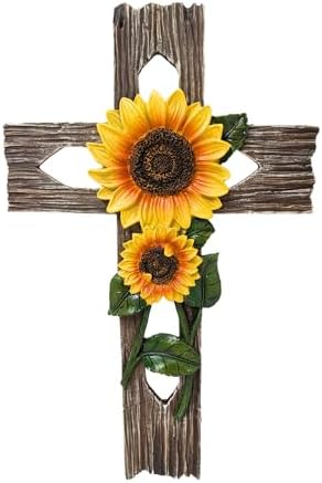 BestGiftEver Rustic Faux Wood Wall Cross with Sunflower Design