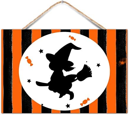 TEANFUN Halloween Wooden Sign Witch Hat Decor