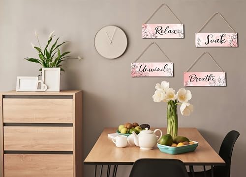 4 Piece Pink Wooden Wall Sign With Rope Decor