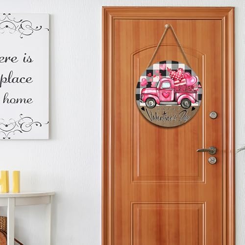 Valentines Day Door Sign with Pink Truck Hearts 12x12 Wood Hanger