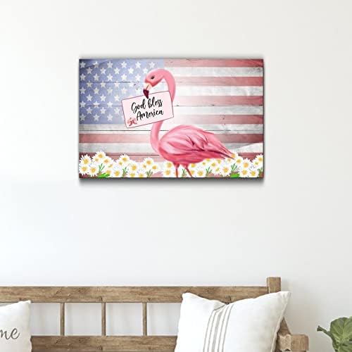 Patriotic Wooden Plaque with America Flag and Pink Flamingo Design