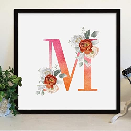 Orange Pink Letter Initial M Monogram Rose Framed Wood Sign 12x12 Inch