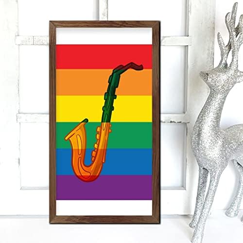 Rainbow Saxophone Wood Framed Wall Sign 22x12 In