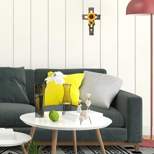 BestGiftEver Rustic Faux Wood Wall Cross with Sunflower Design