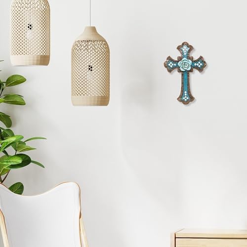 BestGiftEver Decorative Blue Wall Cross with Floral Center