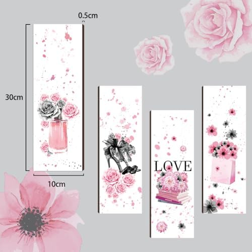 Nbeads 4 Pcs Pink Black Flower Wooden Wall Sign