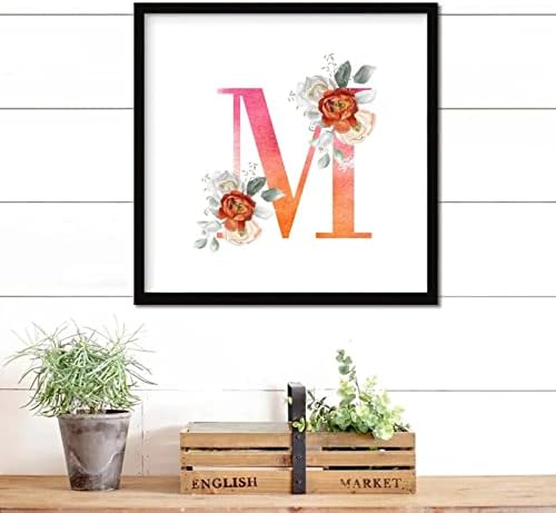 Orange Pink Letter Initial M Monogram Rose Framed Wood Sign 12x12 Inch