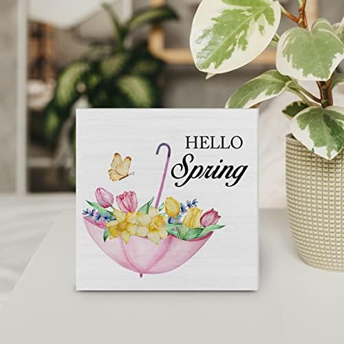 Country Farmhouse Hello Spring Flowers Wood Box Sign Decor