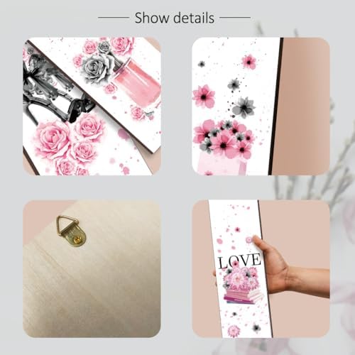 Nbeads 4 Pcs Pink Black Flower Wooden Wall Sign