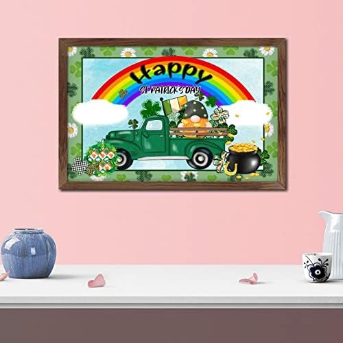 Rustic Wood Framed St Patricks Day Sign with Green Shamrock Gnomes