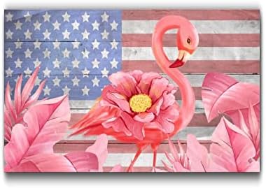 Pink Flamingo Flower 4th of July Wooden Sign