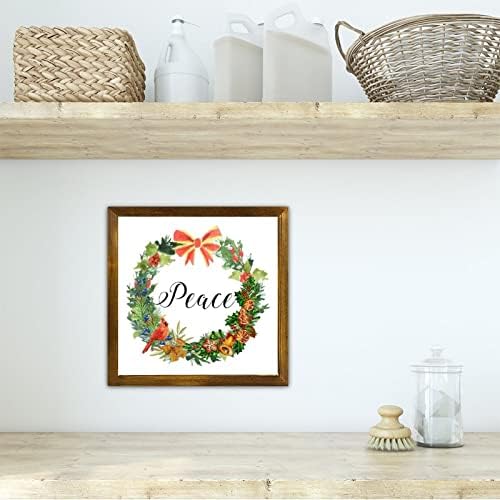 Wood Sign Peace Pine Nut Wreath Framed Wall Art 12x12in