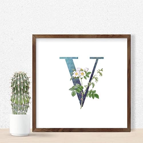 Farmhouse Framed Wooden Sign with V Blue Green Monogram