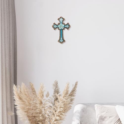 BestGiftEver Decorative Blue Wall Cross with Floral Center