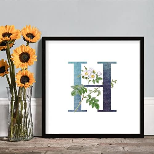 White Flower Dark Green Ink Initial H Wood Framed Sign