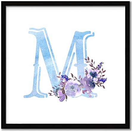 Purple Floral Blue Initial Letter M Wood Sign
