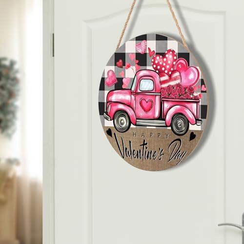 Valentines Day Door Sign with Pink Truck Hearts 12x12 Wood Hanger