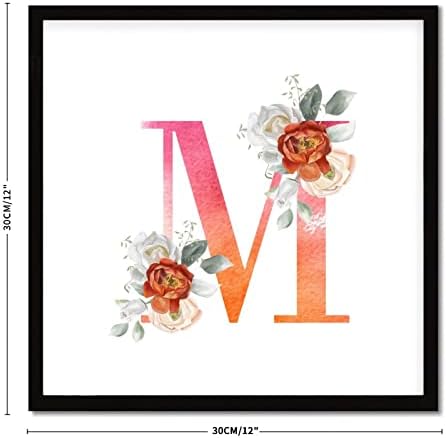 Orange Pink Letter Initial M Monogram Rose Framed Wood Sign 12x12 Inch