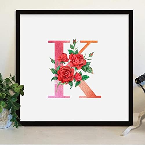 Red Floral Monogram Letter K Framed Wood Sign 12x12 Inch 1