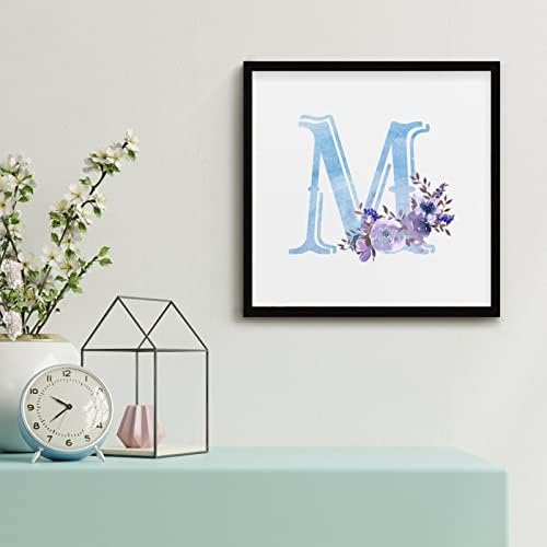 Purple Floral Blue Initial Letter M Wood Sign