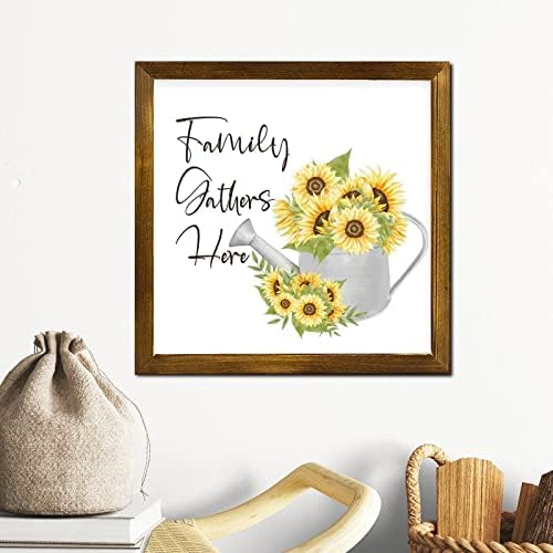 Family Gathers Here Framed Wood Sign 12x12 Inch 1