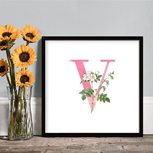 White Flower Pink Letter V Black Framed Wood Wall Sign