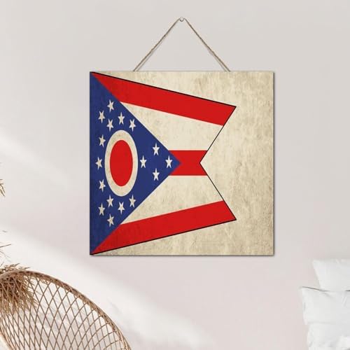 Ohio State Flag Art Decor Distressed Wood Plank Hanging Sign