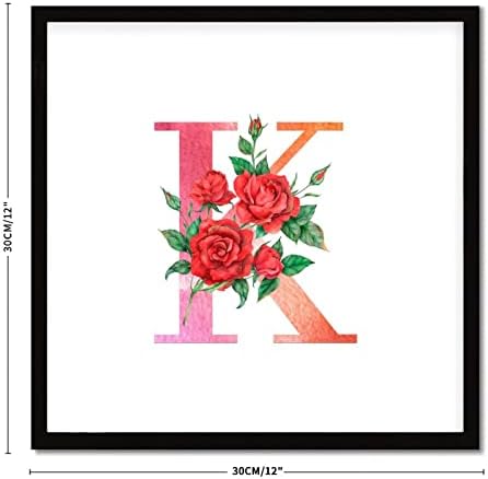 Red Floral Monogram Letter K Framed Wood Sign 12x12 Inch 1