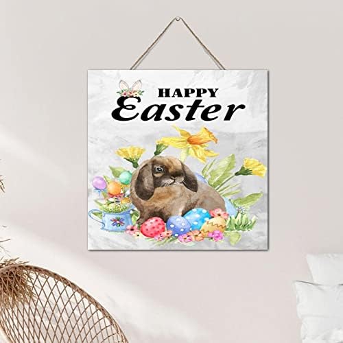 Autravelco Rustic Wood Easter Bunny Sign 12x12 Inch