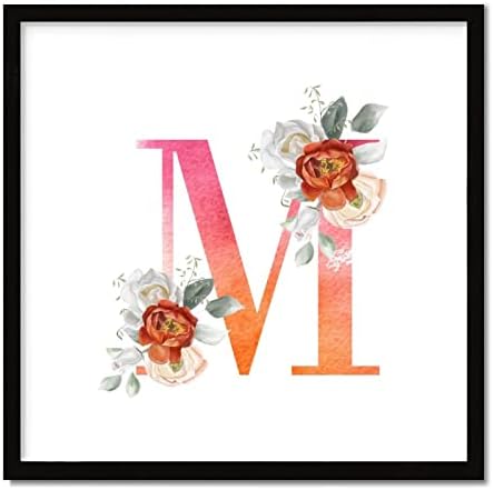 Orange Pink Letter Initial M Monogram Rose Framed Wood Sign 12x12 Inch