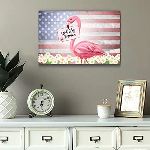 Patriotic Wooden Plaque with America Flag and Pink Flamingo Design