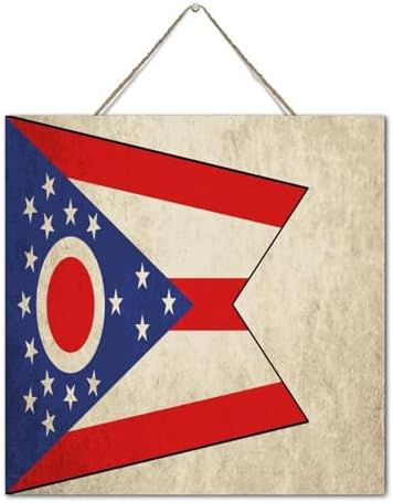 Ohio State Flag Art Decor Distressed Wood Plank Hanging Sign