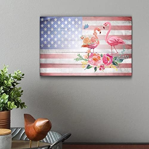 Wooden Fourth of July Flag Flamingo Wall Decor Sign