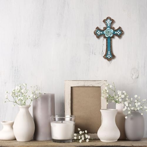BestGiftEver Decorative Blue Wall Cross with Floral Center