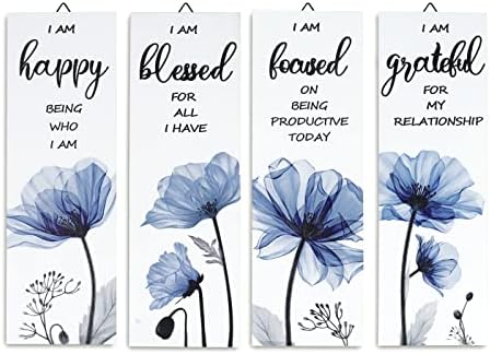 Decalmile 4 Piece Blue Flower Wooden Wall Sign Set