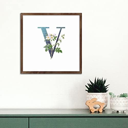 Farmhouse Framed Wooden Sign with V Blue Green Monogram